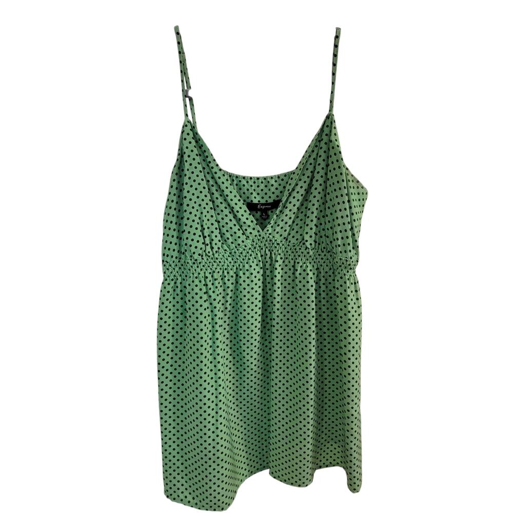 Express 100% Silk Lime Green Black Polka Dot Long Cami Tank Top Size L